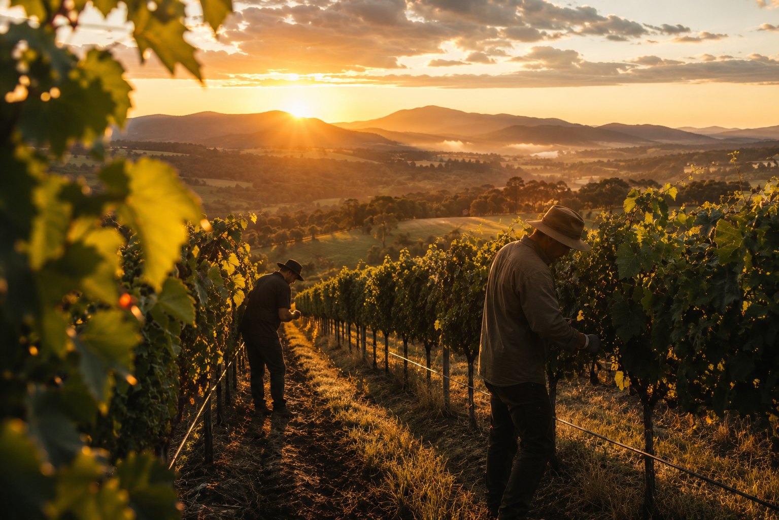 Workers tending high-country vines at sunrise