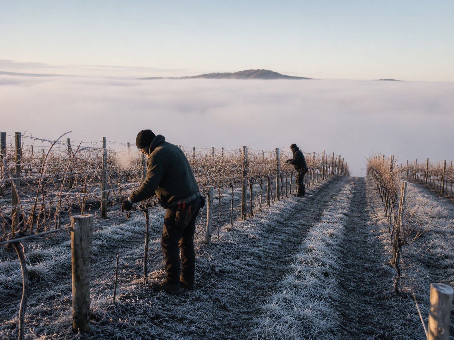 Winter pruning above the cloud line, Tumbarumba